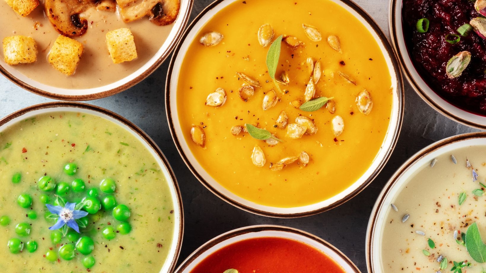 Bowls of different soups